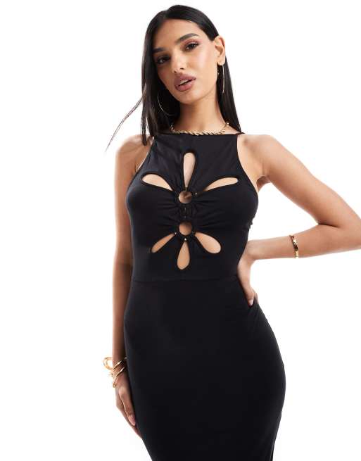 ASOS DESIGN circle trim cut out midi dress in black | ASOS