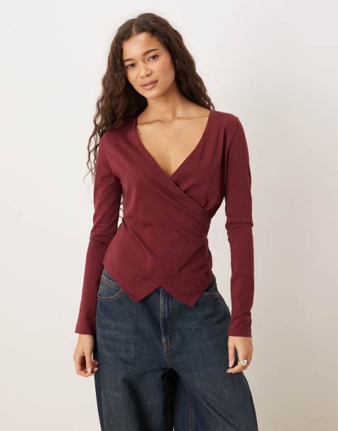 ASOS DESIGN Circular Design Collection asymmetric neck long&nbsp; sleeve tee in burgundy - view 1