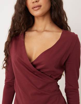 Asos Design Circular Design Collection Asymmetric Neck Long Sleeve Tee In Burgundy