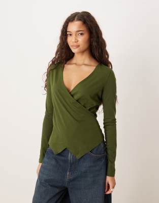 Asos Design Circular Design Collection Asymmetric Neck Long Sleeve Tee In Green