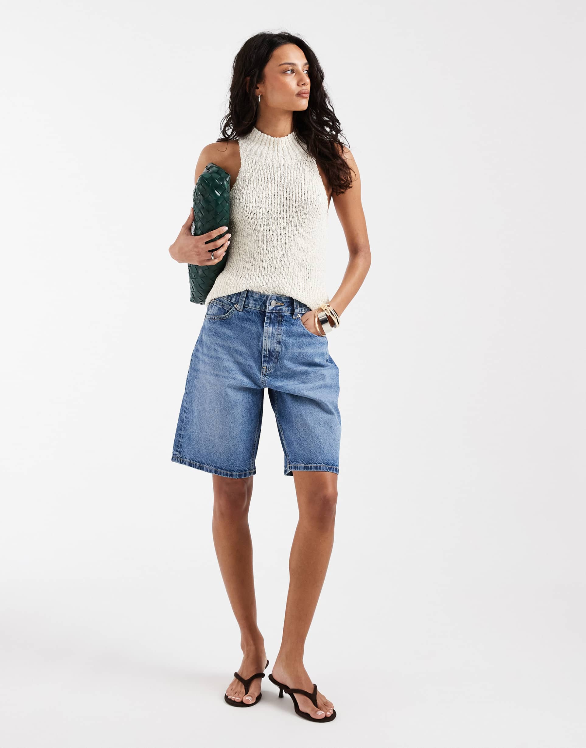 asos design circular design collection denim bermuda shorts in mid blue