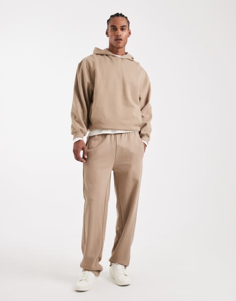 ASOS DESIGN circular design collection heavyweight straight leg trackies in 400gsms in stone - view 1