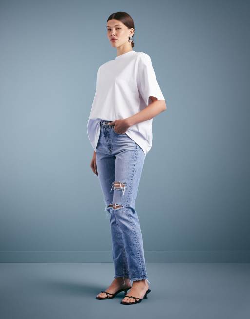 ASOS DESIGN – Circular Design Collection – Ljusblå, raka jeans med medelhög midja och revor, 3 av 5