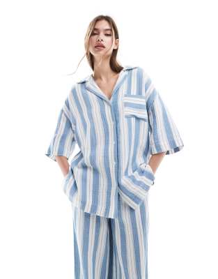 Asos Design Circular Design Collection Oversized Bowling Shirt In Pajama Stripe-multi