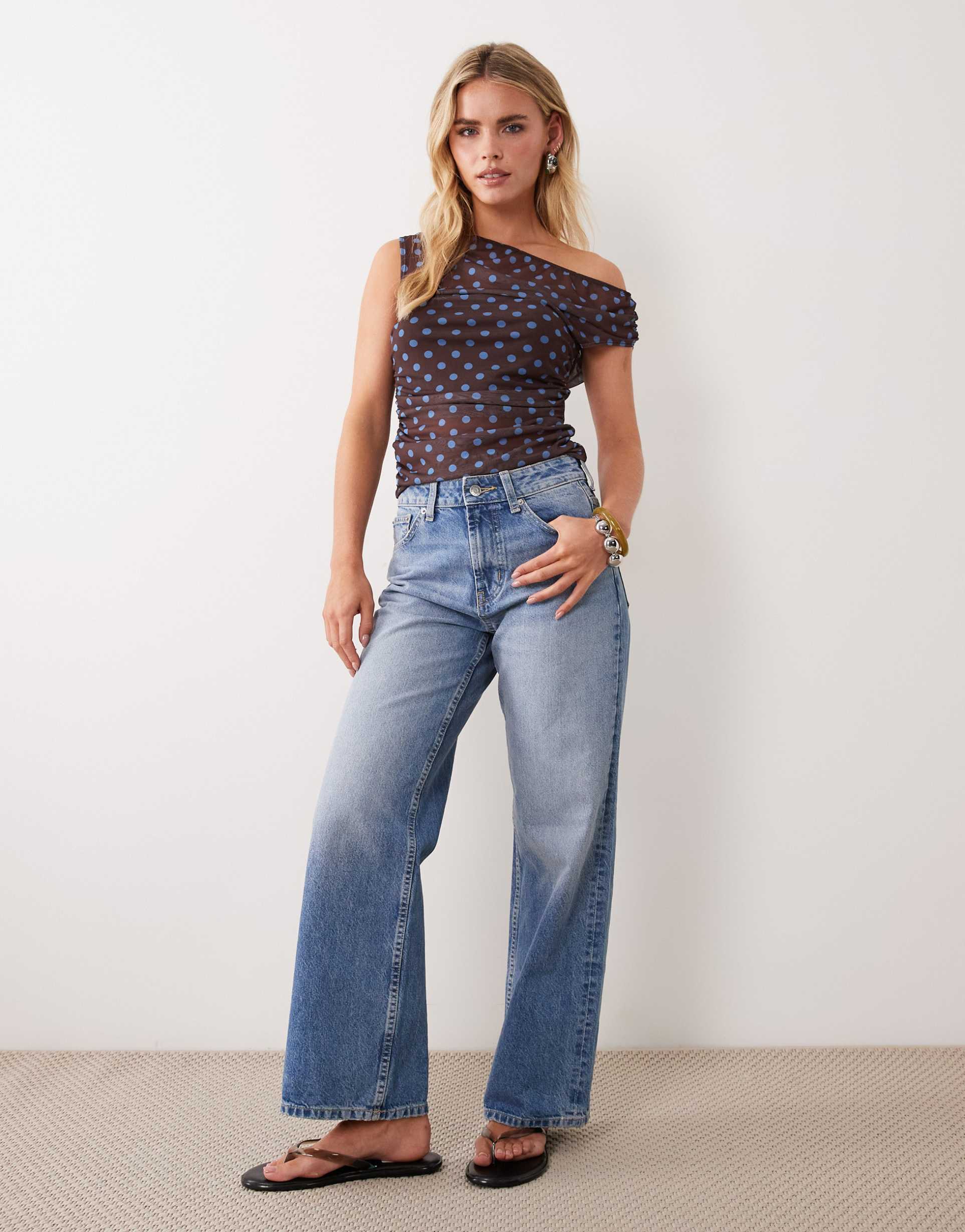 asos design circular design collection petite wide leg dad jeans in authentic midwash