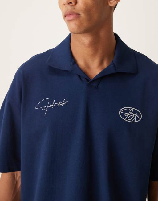 ASOS DESIGN - Circular Design Collection - Polo oversize super pesante blu navy con stampa sul petto, 5 di 5