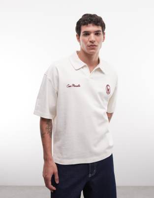 Asos Design Circular Design Collection Super Heavyweight Boxy Oversized Polo With Chest Print In Neutral