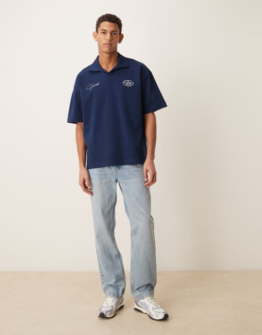ASOS DESIGN – Circular Design Collection – Superschweres Oversize-Polohemd in Marineblau mit Brustprint, 2 von 5