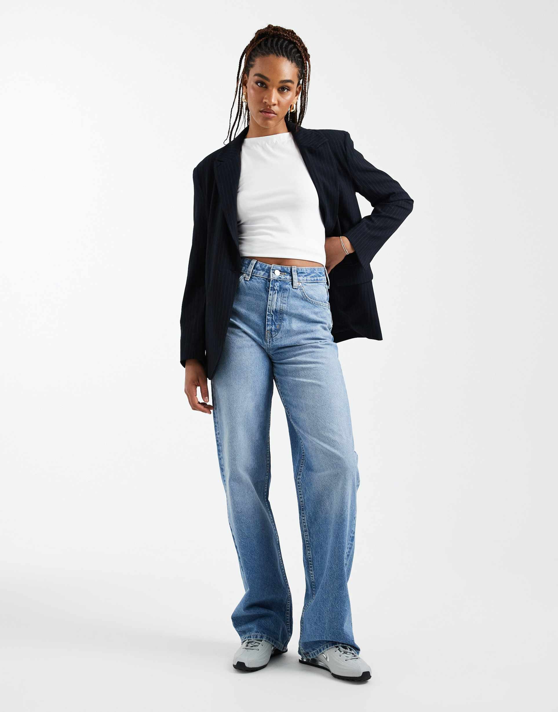 asos design circular design collection tall wide leg dad jeans in authentic midwash