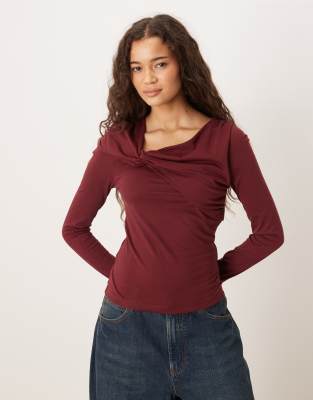 Asos Design Circular Design Collection Twist Neck Detail Long Sleeve Tee In Red