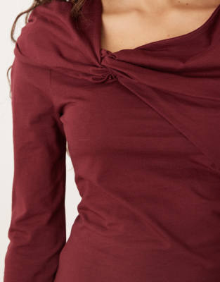 Asos Design Circular Design Collection Twist Neck Detail Long Sleeve Tee In Red