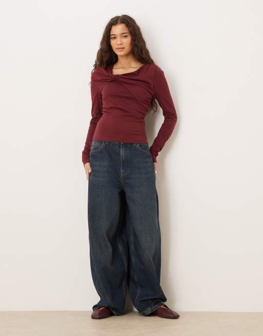 ASOS DESIGN Circular Design Collection twist neck detail long sleeve tee in burgundy, 3 of 4