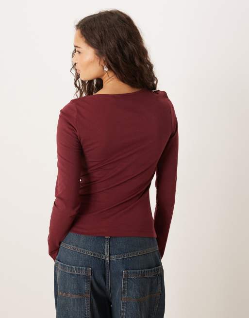 ASOS DESIGN Circular Design Collection twist neck detail long sleeve tee in burgundy, 4 of 4