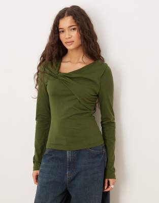 Asos Design Circular Design Collection Twist Neck Detail Long Sleeve Tee In Green