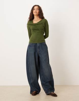 Asos Design Circular Design Collection Twist Neck Detail Long Sleeve Tee In Green