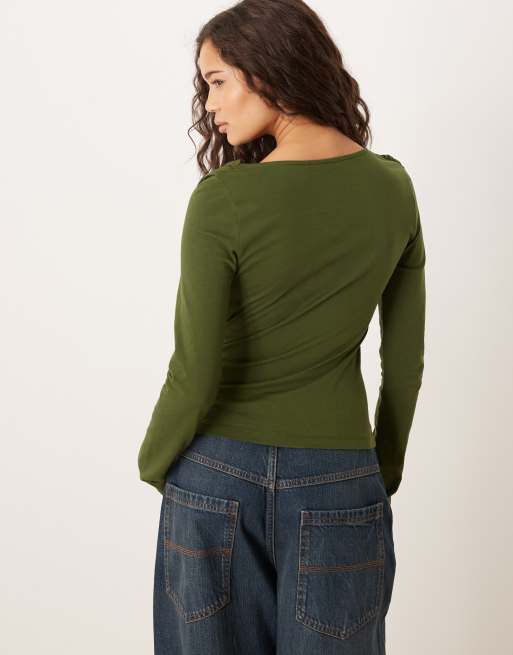 ASOS DESIGN Circular Design Collection twist neck detail long sleeve tee in dark olive, 3 of 4
