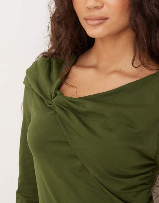ASOS DESIGN Circular Design Collection twist neck detail long sleeve tee in dark olive, 4 of 4