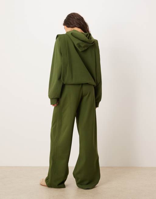 ASOS DESIGN Circular Design Collection wide leg trackies with seam details in dark olive, 2 of 5