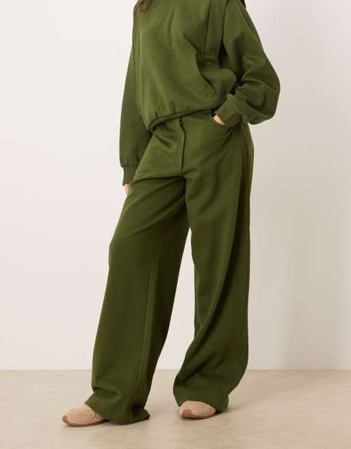 ASOS DESIGN Circular Design Collection wide leg trackies with seam details in dark olive, 3 of 5