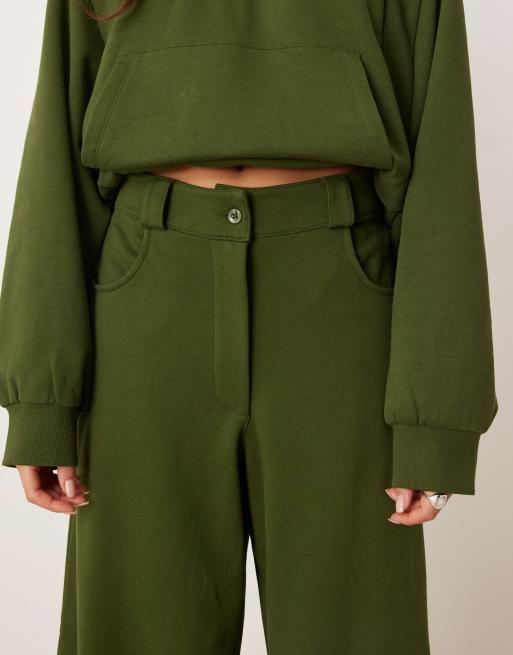 ASOS DESIGN Circular Design Collection wide leg trackies with seam details in dark olive, 5 of 5