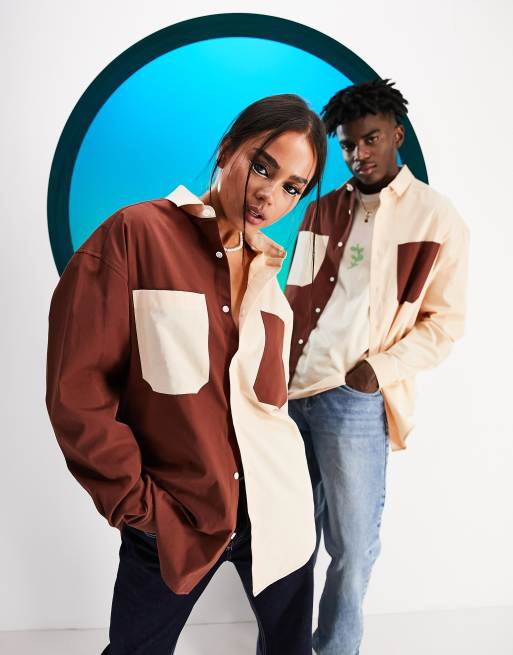 ASOS DESIGN - Circular Design - Jaren 90-stijl oversized unisex overhemd van corduroy met bruine kleurvlakken