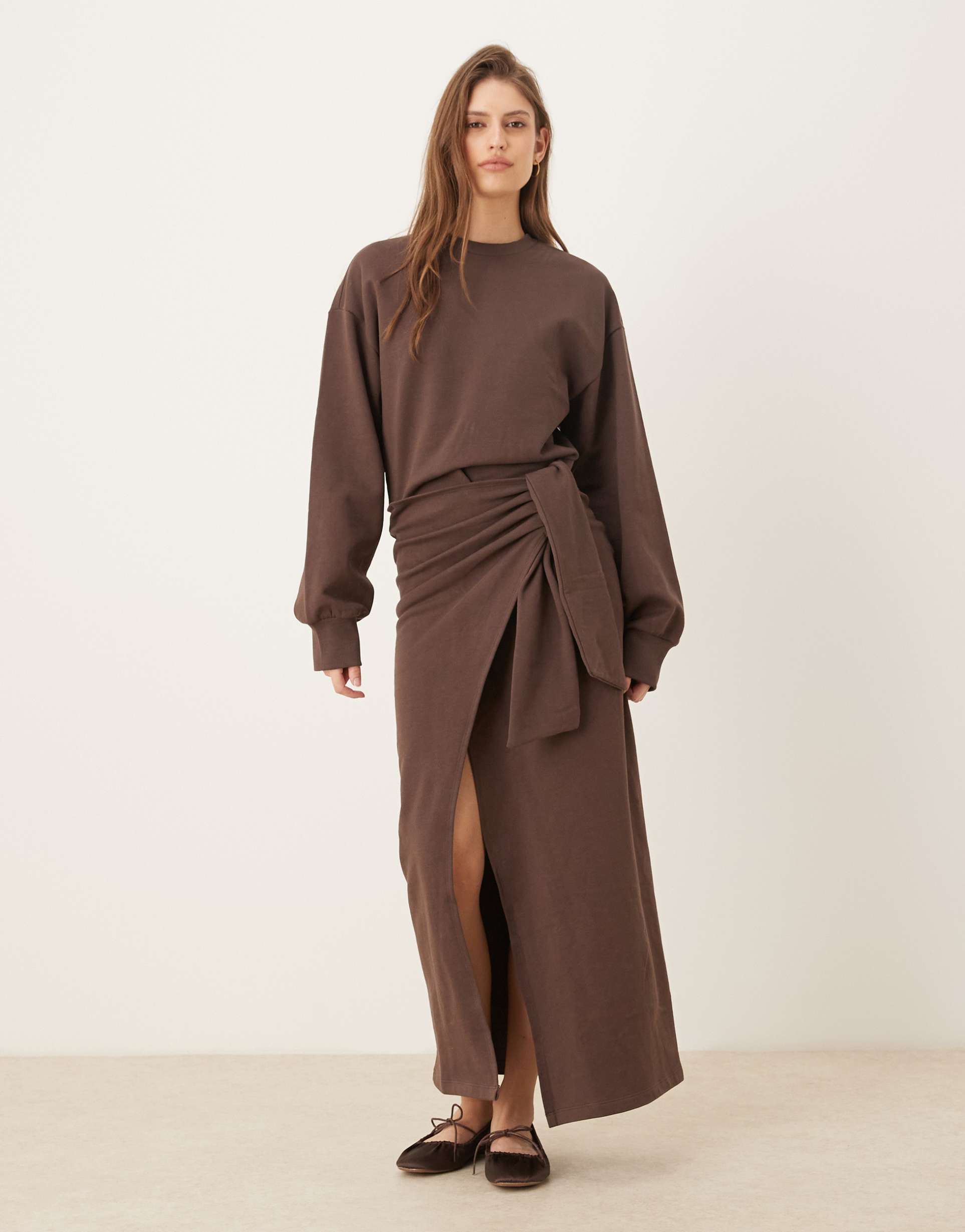asos design circular design wrap front midi sweatshirt dress in chocolate