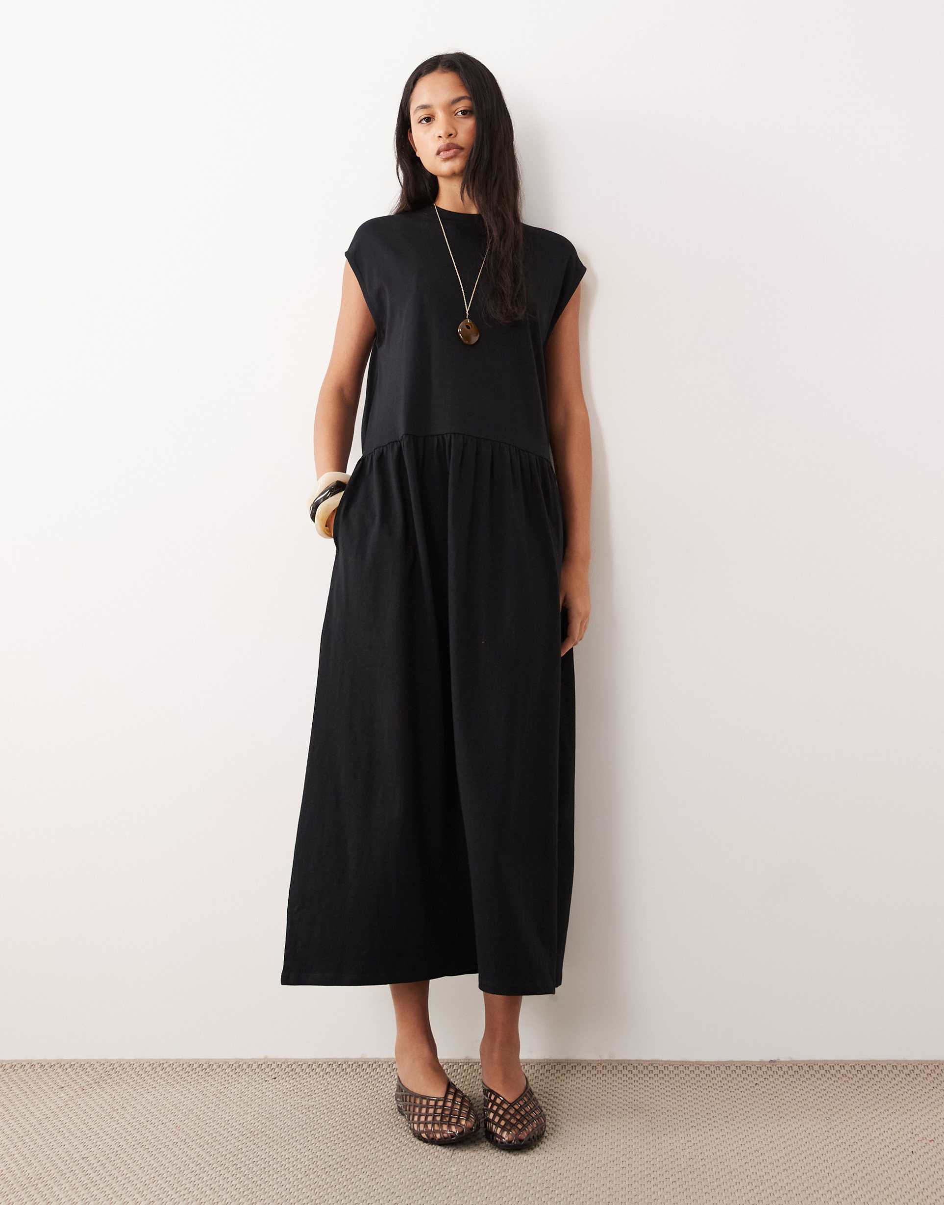 asos design circular midi smock dress in black
