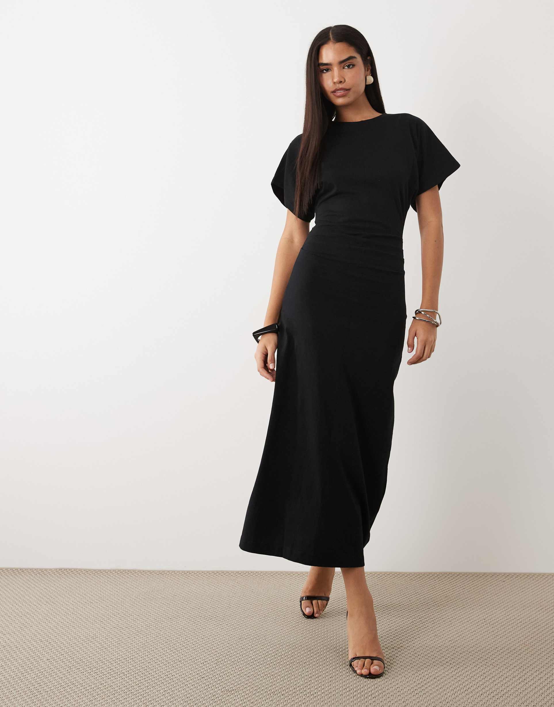 asos design circular ruched waist midi t-shirt dress in black