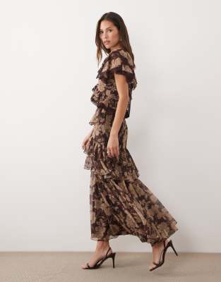 Asos Design Circular Ruffle Dress With Trim Detail And Open Back In Brown