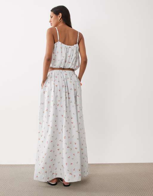 ASOS DESIGN cirkelkjol i blått randigt med blommigt tryck i bomullspoplin, set, 5 av 5