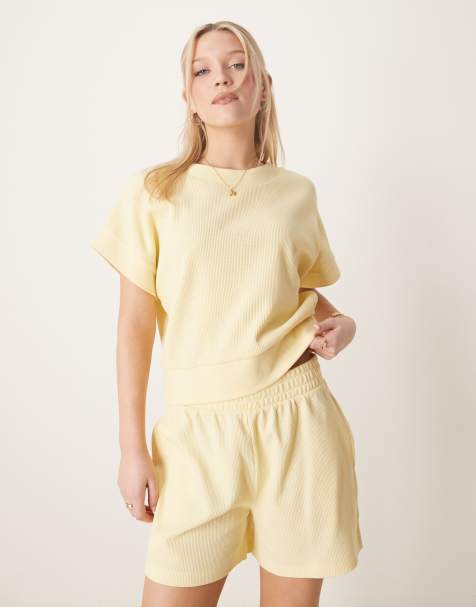ASOS DESIGN – Citrongul, bredribbad och våffelstrukturerad t-shirt - view 1