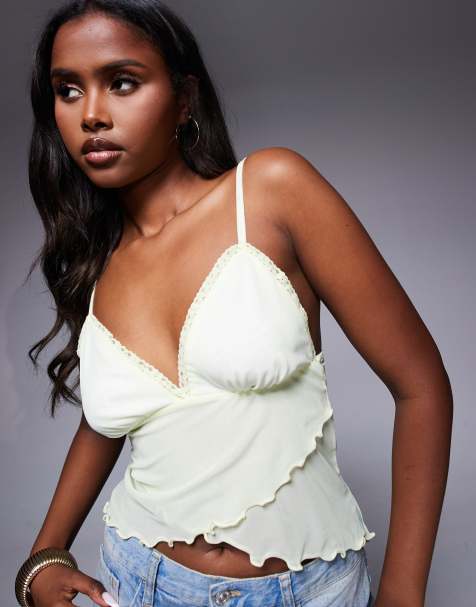 ASOS DESIGN - Citrongul cami-top med slå-om-snit foran i mesh - view 1