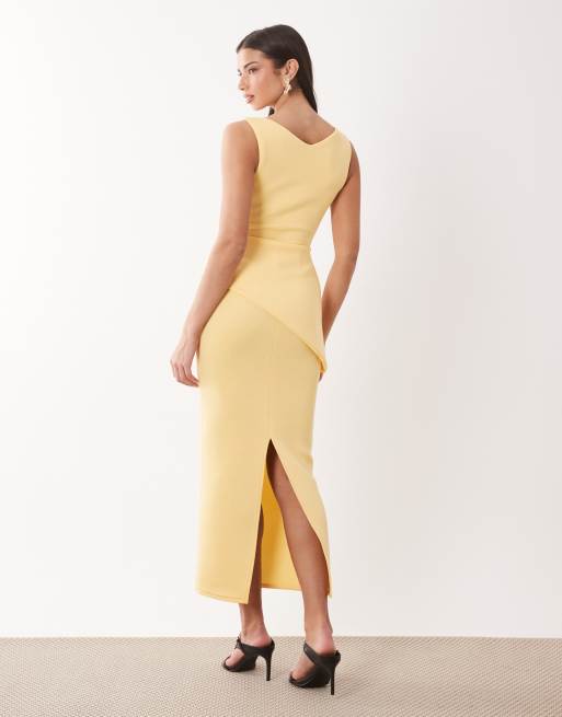 ASOS DESIGN - Citrongul draperet asymmetrisk midikjole i scuba-agtigt stof, 2 af 4