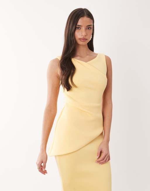 ASOS DESIGN - Citrongul draperet asymmetrisk midikjole i scuba-agtigt stof, 4 af 4