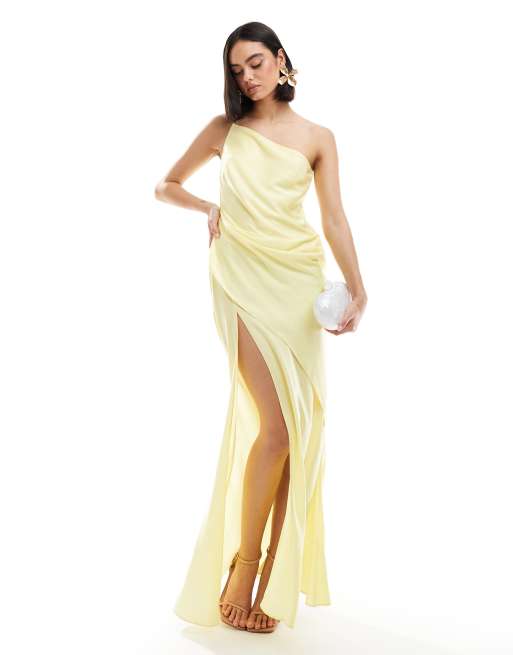 ASOS DESIGN – Citrongul, enaxlad, draperad maxiklänning i satin med lårhög slits