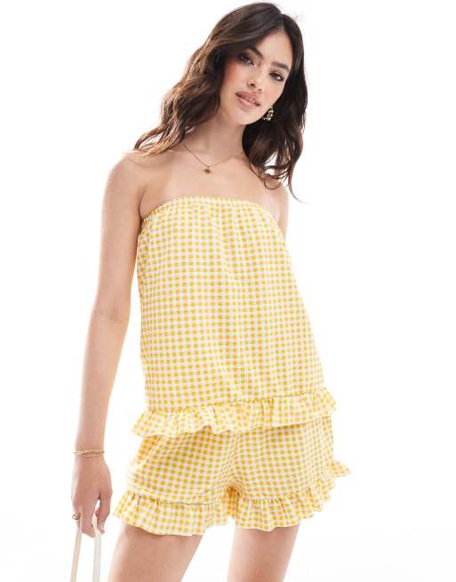 ASOS DESIGN – Citrongul, ginghamrutig bandeau-topp med volangfåll, del av set