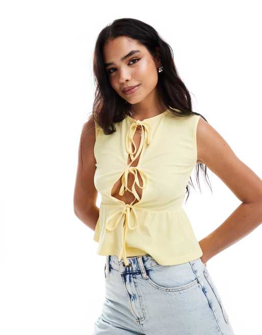 ASOS DESIGN – Citrongul kostymväst med struktur och knytning framtill
