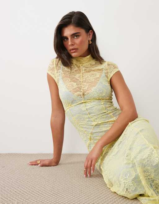 ASOS DESIGN - Citrongul maxikjole i blondestof med kontrastfor, 2 af 4