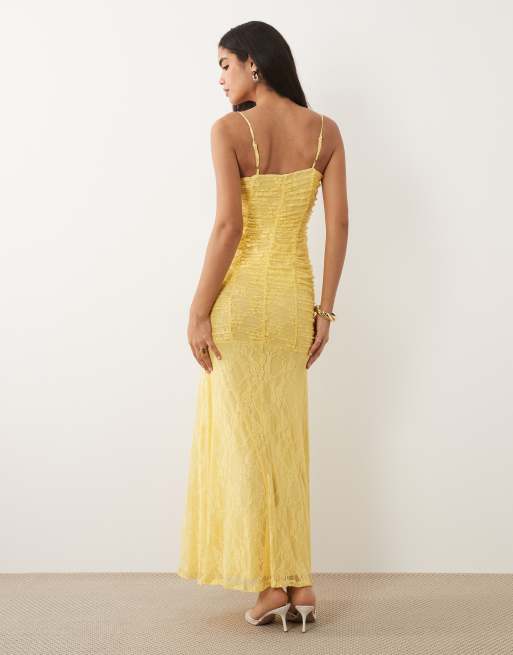 ASOS DESIGN – Citrongul maxiklänning i mesh med fishtail, spetsdetaljer och rynkat liv, 4 av 4