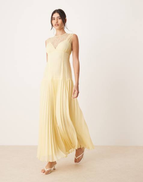 ASOS DESIGN - Citrongul midaxi-kjole med plisseret nederdel og blonder i livstykket - view 1