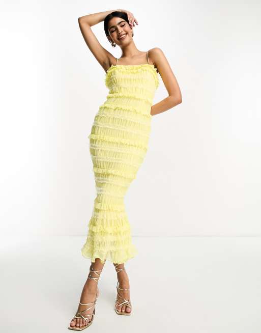 ASOS DESIGN - Citrongul midikjole med blonder, firkantet hals og flæser