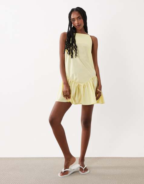 ASOS DESIGN - Citrongul minikjole i poplin med lige hals og lavtsiddende talje - view 1