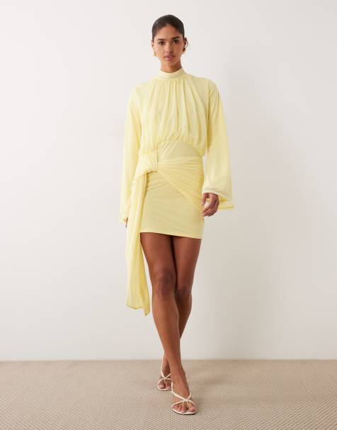 ASOS DESIGN – Citrongul miniklänning i stretchig chiffong med hög krage och blusärmar - view 1