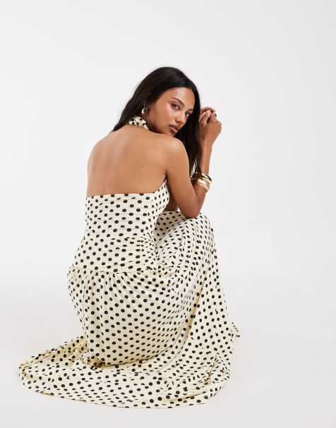 ASOS DESIGN – Citrongul och brunprickig midiklänning med hög krage och sänkt midja - view 1