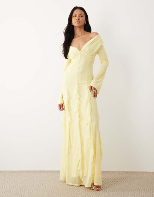 ASOS DESIGN - Citrongul offshoulder-maxikjole med lange ærmer og kiler i stretch-chiffon, 2 af 4