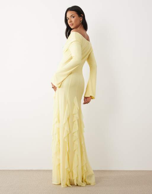 ASOS DESIGN - Citrongul offshoulder-maxikjole med lange ærmer og kiler i stretch-chiffon, 4 af 4