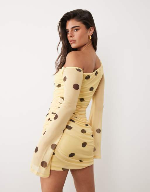 ASOS DESIGN - Citrongul offshoulder-minikjole i mesh med polkaprikker og engleærmer, 4 af 4