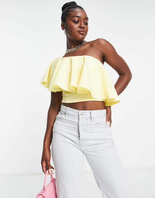 ASOS DESIGN - Citrongul oneshoulder-croptop i scuba-stof med flæser