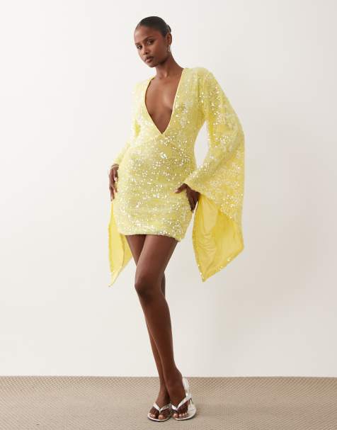 ASOS DESIGN – Citrongul, plisserad miniklänning med paljetter, pingvinärm och rysch - view 1