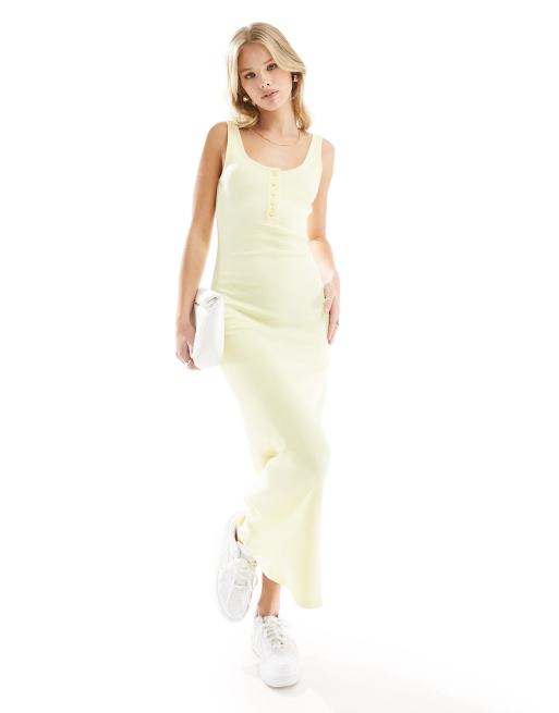 ASOS DESIGN – Citrongul, ribbad midaxiklänning med djup ringning baktill och knappar